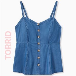 TORRID BLUE CHAMBRAY BUTTON FIT & FLARE SMOCKED BACK SLEEVELESS CAMI